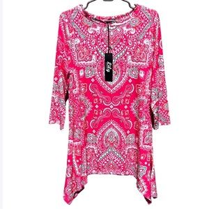 NWT Lily by Firmiana Long Tunic Top, Shark Bite Hem, Paisley, Long